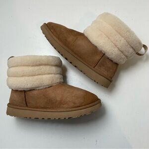 UGG Fluff Mini Quilted Suede Women Boots sz 7 Chestnut Cabincore Coquette Girl